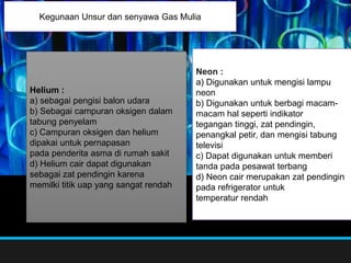 Helium :
a) sebagai pengisi balon udara
b) Sebagai campuran oksigen dalam
tabung penyelam
c) Campuran oksigen dan helium
dipakai untuk pernapasan
pada penderita asma di rumah sakit
d) Helium cair dapat digunakan
sebagai zat pendingin karena
memilki titik uap yang sangat rendah
Neon :
a) Digunakan untuk mengisi lampu
neon
b) Digunakan untuk berbagi macam-
macam hal seperti indikator
tegangan tinggi, zat pendingin,
penangkal petir, dan mengisi tabung
televisi
c) Dapat digunakan untuk memberi
tanda pada pesawat terbang
d) Neon cair merupakan zat pendingin
pada refrigerator untuk
temperatur rendah
Kegunaan Unsur dan senyawa Gas Mulia
 
