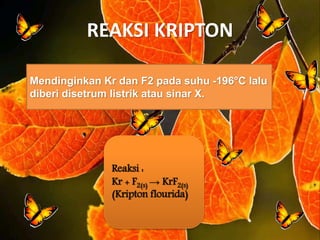 REAKSI KRIPTON
Mendinginkan Kr dan F2 pada suhu -196°C lalu
diberi disetrum listrik atau sinar X.
Reaksi :
Kr + F2(s) → KrF2(s)
(Kripton flourida)
 