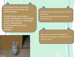 Pemisahan Argon bercampur
dengan banyak Oksigen dan
sedikit Nitrogen
Menghilangkan gas oksigen →
Proses pembakaran secara katalik
dengan gas hidrogen, dikeringkan
untuk menghilangkan
air yang terbentuk dengan
kemurnian
99,999%
Gas Neon akan terkumpul dalam kubah
kondensor
sebagai gas yang tidak terkonsentrasi
(tidak mencair)
Gas Kripton dan Xenon terkumpul
dalam kolom oksigen cair didasar kolom
destilasi utama
 