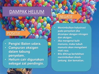 • Pengisi Balon udara.
• Campuran oksigen
dalam tabung
penyelam.
• Helium cair digunakan
sebagai zat pendingin.
POSITIF
• Menimbulkan halusinasi
pada penyelam jika
dicampur dengan nitrogen
dan oksigen.
• Jika mengenai kulit
manusia, maka tubuh
manusia akan mengalami
mati rasa.
• Bila dihirup berlebihan
menimbulkan shock
jantung dan kematian.
NEGATIF
DAMPAK HELIUM
 