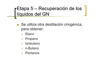 Etapa 5 – Recuperación de los
líquidos del GN

 Se utiliza otra destilación criogénica,
 para obtener:
   Etano
   Propano
   Isobutano
   n-Butano
   Pentanos
 