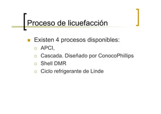 Proceso de licuefacción

 Existen 4 procesos disponibles:
   APCI,
   Cascada. Diseñado por ConocoPhillips
   Shell DMR
   Ciclo refrigerante de Linde
 