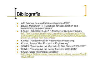 Bibliografía
  AIE “Manual de estadísticas energéticas 2007”
  Boyce, Meherwan P. “Handbook for cogeneration and
  combined cycle power plants”
  Energy Technology Expert “Efficiency of CC power plants”
  http://energytechnologyexpert.com/energy-efficiency/how-to-
  calculate-overall-thermal-efficiency-of-combined-cycle-power-
  plants-a-sample-ccgt-presented/
  Kidnay, “Fundamentals of Natural Gas Processing”
  Kumar, Sanjay “Gas Production Engineering”
  SENER “Prospectiva del Mercado de Gas Natural 2008-2017”
  SENER “Prospectiva del Sector Eléctrico 2008-2017”
  Shukri, “LNG Technology selection”,
  http://www.fosterwheeler.com/publications/tech_papers/files/T
  ariqLNG.pdf
 