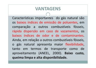 VANTAGENS
Características importantes do gás natural são
os baixos índices de emissão de poluentes, em
comparação a outros combustíveis fósseis,
rápida dispersão em caso de vazamentos, os
baixos índices de odor e de contaminantes.
Ainda, em relação a outros combustíveis fósseis,
o gás natural apresenta maior flexibilidade,
tanto em termos de transporte como de
aproveitamento (ANEEL, 2000). Baixo custo,
queima limpa e alta disponibilidade.
 
