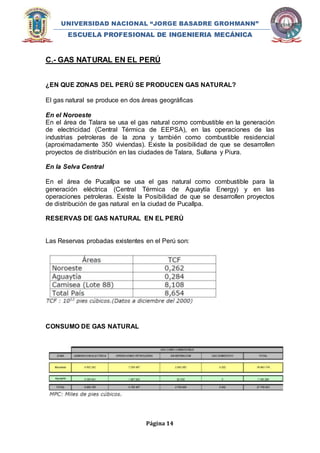 UNIVERSIDAD NACIONAL “JORGE BASADRE GROHMANN” 
ESCUELA PROFESIONAL DE INGENIERIA MECÁNICA 
C.- GAS NATURAL EN EL PERÚ 
¿EN QUE ZONAS DEL PERÚ SE PRODUCEN GAS NATURAL? 
El gas natural se produce en dos áreas geográficas 
En el Noroeste 
En el área de Talara se usa el gas natural como combustible en la generación 
de electricidad (Central Térmica de EEPSA), en las operaciones de las 
industrias petroleras de la zona y también como combustible residencial 
(aproximadamente 350 viviendas). Existe la posibilidad de que se desarrollen 
proyectos de distribución en las ciudades de Talara, Sullana y Piura. 
Página 14 
En la Selva Central 
En el área de Pucallpa se usa el gas natural como combustible para la 
generación eléctrica (Central Térmica de Aguaytía Energy) y en las 
operaciones petroleras. Existe la Posibilidad de que se desarrollen proyectos 
de distribución de gas natural en la ciudad de Pucallpa. 
RESERVAS DE GAS NATURAL EN EL PERÚ 
Las Reservas probadas existentes en el Perú son: 
CONSUMO DE GAS NATURAL 
 