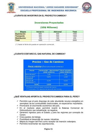 UNIVERSIDAD NACIONAL “JORGE BASADRE GROHMANN” 
ESCUELA PROFESIONAL DE INGENIERIA MECÁNICA 
¿CUÁNTO SE INVERTIRÁ EN EL PROYECTO CAMISEA? 
¿CUÁNTO COSTARÁ EL GAS NATURAL DE CAMISEA? 
¿QUÉ VENTAJAS APORTA EL PROYECTO CAMISEA PARA EL PERÚ? 
 Permitirá que el país disponga de este abundante recurso energético en 
reemplazo de los combustibles tradicionales, en especial los importados. 
 Promoverá el crecimiento económico del país. 
 En el mediano plazo permitirá revertir la Balanza Comercial de 
Hidrocarburos que actualmente es negativa. 
 Generará ingresos para el Estado y para las regiones por concepto de 
Página 16 
Canon. 
 Crea puestos de trabajo. 
 Posibilitará el desarrollo de nuevas industrias. 
 Mejora la imagen del Perú como receptor de inversión extranjera. 
 Permitirá incrementar las exportaciones. 
 