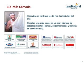 3.2 Más Cómodo

           El servicio es continuo las 24 hrs. los 365 días del
           año.
           El recibo se puede pagar en un gran número de
           establecimientos (bancos, supermercados y tiendas
           de conveniencia).




                                                                  14
 