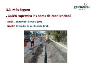 3.3 Más Seguro
¿Quién supervisa las obras de canalización?
Nivel 1. Supervisor de Obra (SO).
Nivel 2. Unidades de Verificación (UV).
 