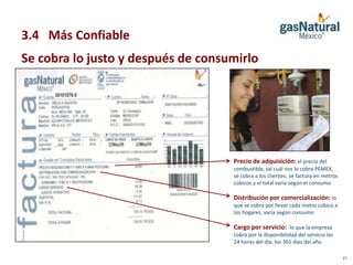 3.4 Más Confiable
Se cobra lo justo y después de consumirlo




                                    Precio de adquisición: el precio del
                                    combustible, tal cuál nos lo cobra PEMEX,
                                    se cobra a los clientes; se factura en metros
                                    cúbicos y el total varía según el consumo

                                    Distribución por comercialización: lo
                                    que se cobra por llevar cada metro cúbico a
                                    los hogares, varía según consumo

                                    Cargo por servicio: lo que la empresa
                                    cobra por la disponibilidad del servicio las
                                    24 horas del día, los 365 días del año

                                                                                    21
 