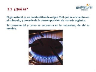 2.1 ¿Qué es?

El gas natural es un combustible de origen fósil que se encuentra en
el subsuelo, y procede de la descomposición de materia orgánica.
Se consume tal y como se encuentra en la naturaleza, de ahí su
nombre.




                                                                       7
 
