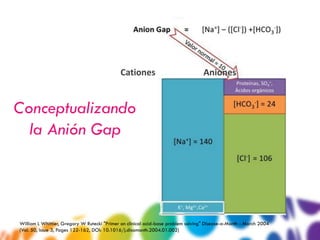 Cationes                              Aniones


Conceptualizando
  la Anión Gap




William L Whittier, Gregory W Rutecki "Primer on clinical acid-base problem solving" Disease-a-Month - March 2004
(Vol. 50, Issue 3, Pages 122-162, DOI: 10.1016/j.disamonth.2004.01.002)
 