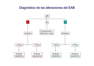 Diagnóstico de las alteraciones del EAB

                                         pH
                                         pH


                ↓
                ↓                         N
                                          N                     ↑
                                                                ↑



                                   Compensación
                                   Compensación
             Acidosis
             Acidosis              Alteración mixta
                                   Alteración mixta          Alcalosis
                                                             Alcalosis




 ↓ HCO33
 ↓ HCO                   ↑ PCO22
                         ↑ PCO                    ↑ HCO33
                                                  ↑ HCO                   ↓ PCO22
                                                                          ↓ PCO



 Acidosis
 Acidosis                 Acidosis
                           Acidosis              Alcalosis
                                                 Alcalosis                 Alcalosis
                                                                           Alcalosis
metabólica
metabólica              respiratoria
                         respiratoria           metabólica
                                                metabólica               respiratoria
                                                                          respiratoria
 