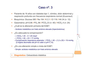 Caso nº. 3
Paciente de 16 años con diabetes tipo 1, vómitos, dolor abdominal y
respiración profunda con frecuencia respiratoria normal (Kussmaul).
Bioquímica: Glucosa 380 / Na 154 / K 2,1 / Cl 116 / HA 34 (n: 12)
Gasometría: pH 6,96 / PO2 98 / PCO2 23 (n: 40) / HCO3 4 (n: 24)
¿Cuál es la alteración primaria del EAB?:
- Acidosis metabólica con hiato aniónico elevado (hiperclorémica)

¿Es adecuada la compensación?
- ↓ HCO3 = 24 – 4 = 20 meq/l
- ↓ PCO2 = 40 – 23 = 17 mmHg
- Compensación respiratoria esperada: ↓ PCO2 = 40 – (1,2 x 20) = 16 mmHg
  (2 dígitos decimales del pH no valen si pH<7,15)

¿Es una alteración simple o mixta del EAB?:
- Simple: acidosis metabólica con hiato aniónico elevado


Diagnóstico: Cetoacidosis diabética
Diagnóstico: Cetoacidosis diabética
 