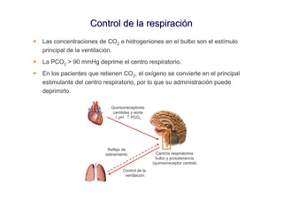Control de la respiración
Las concentraciones de CO2 e hidrogeniones en el bulbo son el estímulo
principal de la ventilación.
La PCO2 > 90 mmHg deprime el centro respiratorio.
En los pacientes que retienen CO2, el oxígeno se convierte en el principal
estimulante del centro respiratorio, por lo que su administración puede
deprimirlo.

                          Quimiorreceptores
                           carótidas y aorta
                            ↓ pH ↑ PCO2




                        Reflejo de
                       estiramiento               Centros respiratorios
                                                  bulbo y protuberancia
                                                (quimiorreceptor central)
                                Control de la
                                 ventilación
 