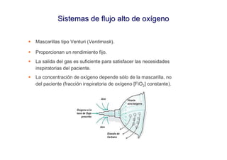 Sistemas de flujo alto de oxígeno

Mascarillas tipo Venturi (Ventimask).

Proporcionan un rendimiento fijo.
La salida del gas es suficiente para satisfacer las necesidades
inspiratorias del paciente.
La concentración de oxígeno depende sólo de la mascarilla, no
del paciente (fracción inspiratoria de oxígeno [FiO2] constante).
 