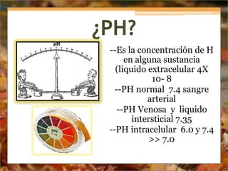 ¿PH?
--Es la concentración de H
en alguna sustancia
(liquido extracelular 4X
10- 8
--PH normal 7.4 sangre
arterial
--PH Venosa y liquido
intersticial 7.35
--PH intracelular 6.0 y 7.4
>> 7.0
 