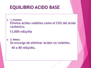 EQUILIBRIO ACIDO BASE


1.-Pulmón:

Elimina ácidos volátiles como el CO2 del ácido
carbónico.
13,000 mEq/día


2.-Riñón:

Se encarga de eliminar ácidos no volátiles.
40 a 80 mEq/día.

 
