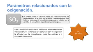 •  Se	
   deﬁne	
   como	
   la	
   relación	
   entre	
   las	
   concentraciones	
   de	
  
oxihemoglobina	
   y	
   la	
   suma	
   de	
   la	
   desoxi	
   y	
   oxihemoglobina.	
   Nos	
  
indica	
  el	
  porcentaje	
  de	
  hemoglobina	
  oxigenada	
  en	
  relación	
  con	
  la	
  
can@dad	
  de	
  hemoglobina	
  capaz	
  de	
  transportar	
  oxígeno.	
  
SO2	
  
Estará	
  disminuida	
  en	
  los	
  casos	
  de	
  hipoxia,	
  anemia	
  extrema	
  e	
  
intoxicación	
  por	
  sustancias	
  que	
  compiten	
  con	
  el	
  oxígeno	
  en	
  
la	
   aﬁnidad	
   por	
   la	
   hemoglobina,	
   como	
   las	
   anilinas	
   o	
   el	
  
monóxido	
  de	
  carbono.	
  
	
  
	
  
SO2:	
  
95-­‐100	
  %	
  	
  
	
  
 