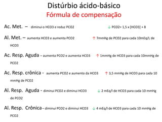 Distúrbio ácido-básico
Fórmula de compensação
Ac. Met. – diminui o HCO3 e reduz PCO2 ↓ PCO2= 1,5 x [HCO3] + 8
Al. Met. – aumenta HCO3 e aumenta PCO2 ↑ 7mmHg de PCO2 para cada 10mEq/L de
HCO3
Ac. Resp. Aguda – aumenta PCO2 e aumenta HCO3 ↑ 1mmHg de HCO3 para cada 10mmHg de
PCO2
Ac. Resp. crônica - aumenta PCO2 e aumento da HCO3 ↑ 3,5 mmHg de HCO3 para cada 10
mmHg de PCO2
Al. Resp. Aguda - diminui PCO2 e diminui HCO3 ↓ 2 mEq/l de HCO3 para cada 10 mmHg
de PCO2
Al. Resp. Crônica– diminui PCO2 e diminui HCO3 ↓ 4 mEq/l de HCO3 para cada 10 mmHg de
PCO2
 