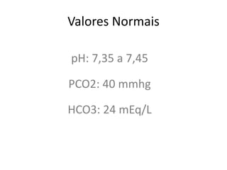 Valores Normais
pH: 7,35 a 7,45
PCO2: 40 mmhg
HCO3: 24 mEq/L
 