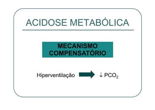 Hiperventilação PCO2
ACIDOSE METABÓLICA
MECANISMO
COMPENSATÓRIO
 
