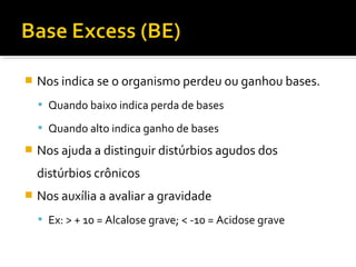  Nos indica se o organismo perdeu ou ganhou bases.
 Quando baixo indica perda de bases
 Quando alto indica ganho de bases
 Nos ajuda a distinguir distúrbios agudos dos
distúrbios crônicos
 Nos auxília a avaliar a gravidade
 Ex: > + 10 = Alcalose grave; < -10 = Acidose grave
 