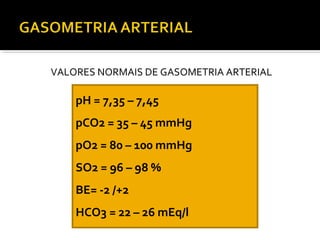 VALORES NORMAIS DE GASOMETRIA ARTERIAL
pH = 7,35 – 7,45
pCO2 = 35 – 45 mmHg
pO2 = 80 – 100 mmHg
SO2 = 96 – 98 %
BE= -2 /+2
HCO3 = 22 – 26 mEq/l
 