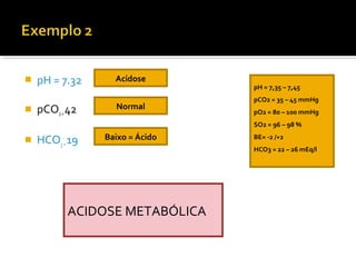  pH = 7.32
 pCO2=42
 HCO3
-
=19
Acidose
Normal
Baixo = Ácido
pH = 7,35 – 7,45
pCO2 = 35 – 45 mmHg
pO2 = 80 – 100 mmHg
SO2 = 96 – 98 %
BE= -2 /+2
HCO3 = 22 – 26 mEq/l
ACIDOSE METABÓLICA
 