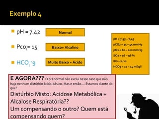  pH = 7.42
 Pco2= 15
 HCO3
-=
9
pH = 7,35 – 7,45
pCO2 = 35 – 45 mmHg
pO2 = 80 – 100 mmHg
SO2 = 96 – 98 %
BE= -2 /+2
HCO3 = 22 – 24 mEq/l
Normal
Baixo= Alcalino
Muito Baixo = Ácido
E AGORA??? O pH normal não exclui nesse caso que não
haja nenhum distúrbio ácido-básico. Mas e então.... Estamos diante do
que?
Distúrbio Misto: Acidose Metabólica +
Alcalose Respiratória??
Um compensando o outro? Quem está
compensando quem?
 