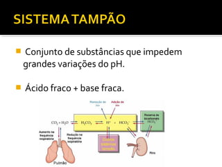  Conjunto de substâncias que impedem
grandes variações do pH.
 Ácido fraco + base fraca.
 