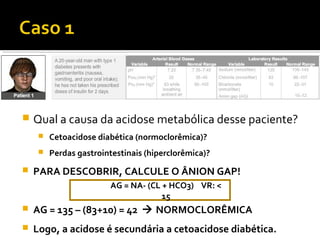  Qual a causa da acidose metabólica desse paciente?
 Cetoacidose diabética (normoclorêmica)?
 Perdas gastrointestinais (hiperclorêmica)?
 PARA DESCOBRIR, CALCULE O ÂNION GAP!
 AG = 135 – (83+10) = 42  NORMOCLORÊMICA
 Logo, a acidose é secundária a cetoacidose diabética.
AG = NA- (CL + HCO3) VR: <
15
 
