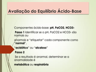 Avaliação do Equilíbrio Ácido-Base
Componentes ácido-base: pH, PaCO2, HCO3-
Passo 1 Identificar se o pH, PaCO2 e HCO3- são
normais ou
anormais e “etiquetar” cada componente como
“normal”,
“acidótico” ou “alcaloso”
Passo 2
Se o resultado é anormal, determinar se a
anormalidade é
metabólica ou respiratória
 
