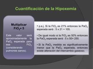 Cuantificación de la Hipoxemia
• p.e.j. Si la FiO2 es 21% entonces la PaO2
esperada será : 5 x 21 = 105.
• De igual modo si la FiO2 es 50% entonces
la PaO2 esperada será : 5 x 50= 250.
• Si la PaO2 medida es significativamente
menor que la PaO2 esperada, entonces
existe alteración del intercambio gaseoso.
Multiplicar
FiO2 5
Este valor será
aproximadamente la
PaO2 esperada para
esa FiO2
(considerando
pulmones sanos).
 