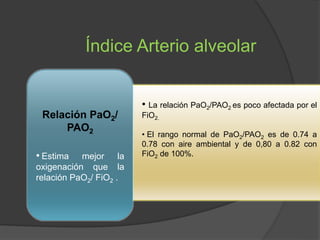 • La relación PaO2/PAO2 es poco afectada por el
FiO2.
• El rango normal de PaO2/PAO2 es de 0.74 a
0.78 con aire ambiental y de 0,80 a 0.82 con
FiO2 de 100%.
Índice Arterio alveolar
Relación PaO2/
PAO2
• Estima mejor la
oxigenación que la
relación PaO2/ FiO2 .
 