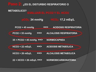 Paso 2: ¿ES EL DISTURBIO RESPIRATORIO O
METABOLICO?
EVALUAR EL PCO2 Y EL HCO3
pCO2: 34 mmHg HCO3: 17,2 mEq/L
PCO2 > 45 mmHg ==> ACIDOSIS RESPIRATORIA
PCO2 < 35 mmHg ==> ALCALOSIS RESPIRATORIA
35 < PCO2 < 45 mmHg ==> NORMOCAPNEA
HCO3 < 22 mEq/L ==> ACIDOSIS METABOLICA
HCO3 > 26 mEq/L ==> ALCALOSIS METABOLICA
22 < HCO3 < 26 mEq/L ==> NORMOBICARBONATEMIA
 