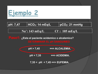 Ejemplo 2
Paso1: ¿Esta el paciente acidemico o alcalemico?
DETERMINAR EL pH SANGUINEO.
pH > 7,45 ==> ALCALEMIA.
pH < 7,35 ==> ACIDEMIA.
7,35 < pH < 7,45 ==> EUFEMIA.
pH: 7,47 HCO3: 14 mEq/L pCO2: 21 mmHg
Na+
: 143 mEq/L Cl-
: 105 mEq/L
 