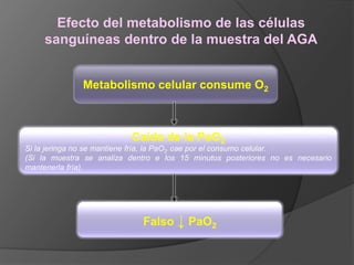 Efecto del metabolismo de las células
sanguíneas dentro de la muestra del AGA
Metabolismo celular consume O2
Caída de la PaO2
Si la jeringa no se mantiene fría, la PaO2 cae por el consumo celular.
(Si la muestra se analiza dentro e los 15 minutos posteriores no es necesario
mantenerla fría).
Falso ↓ PaO2
 