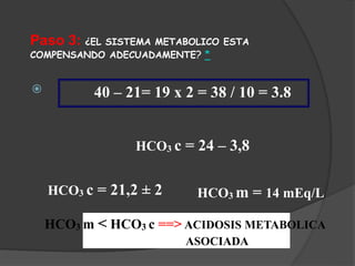 HCO3 m < HCO3 c ==> ACIDOSIS METABOLICA
ASOCIADA
Paso 3: ¿EL SISTEMA METABOLICO ESTA
COMPENSANDO ADECUADAMENTE? *
 40 – 21= 19 x 2 = 38 / 10 = 3.8
HCO3 c = 24 – 3,8
HCO3 c = 21,2 ± 2 HCO3 m = 14 mEq/L
 