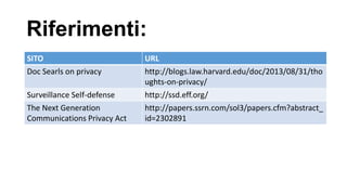 Riferimenti:
SITO URL
Doc Searls on privacy http://blogs.law.harvard.edu/doc/2013/08/31/tho
ughts-on-privacy/
Surveillance Self-defense http://ssd.eff.org/
The Next Generation
Communications Privacy Act
http://papers.ssrn.com/sol3/papers.cfm?abstract_
id=2302891
 