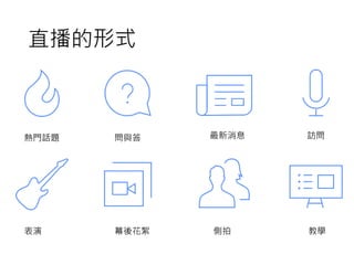 直播的形式
熱門話題 問與答 最新消息 訪問
表演 幕後花絮 側拍 教學
 