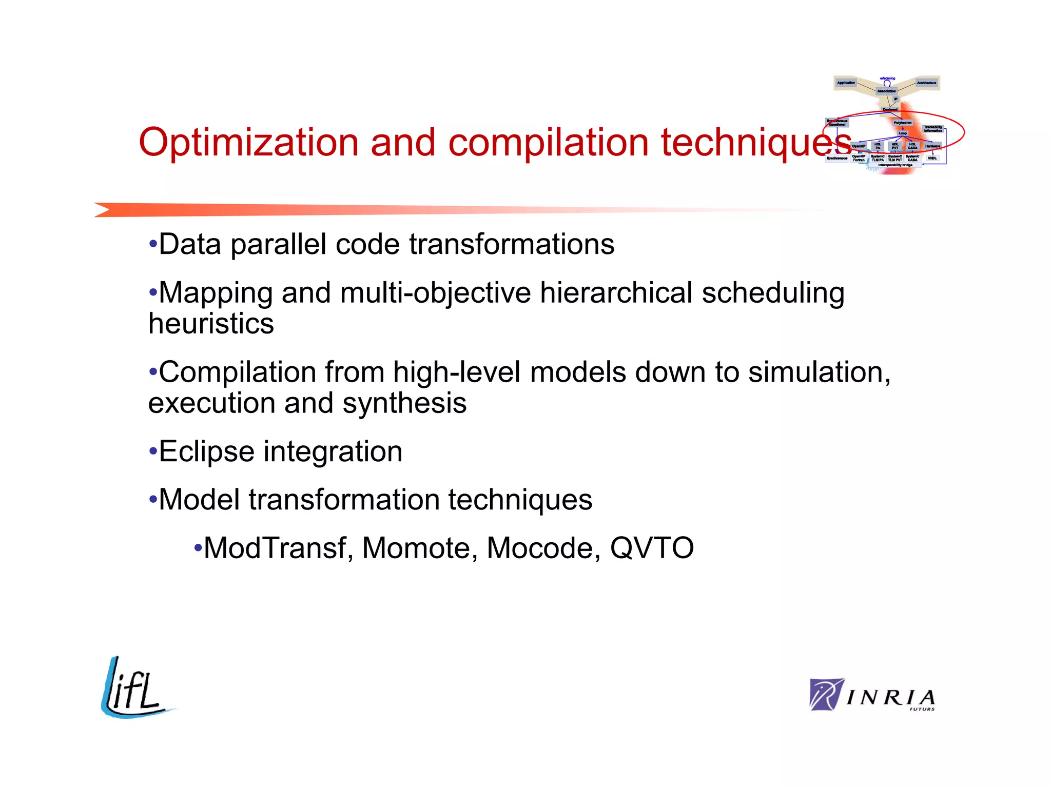 Optimization and compilation techniques

•Data parallel code transformations
•Mapping and multi-objective hierarchical scheduling
heuristics
•Compilation from high-level models down to simulation,
execution and synthesis
•Eclipse integration
•Model transformation techniques
   •ModTransf, Momote, Mocode, QVTO
 