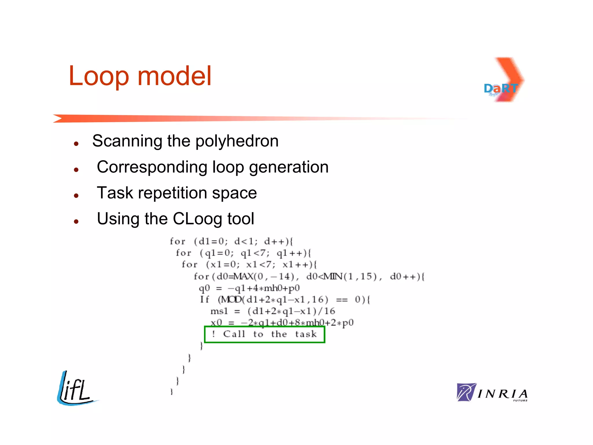 Loop model

   Scanning the polyhedron
   Corresponding loop generation
   Task repetition space
   Using the CLoog tool
 
