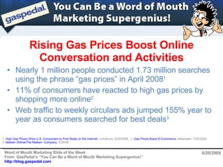 Rising Gas Prices Boost Online Conversation and Activities 8/20/2008 ,[object Object],[object Object],[object Object],1.  High Gas Prices Drive U.S. Consumers to Find Deals on the Internet , comScore, 6/20/2008;  2.  Gas Prices Boost E-Commerce , eMarketer, 7/25/2008;  3.  Nielsen Online/The Nielsen  Company , 6/24/08 