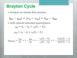 Brayton Cycle
 Analyze as steady-flow process
 So
 With cold-air-standard assumptions
 