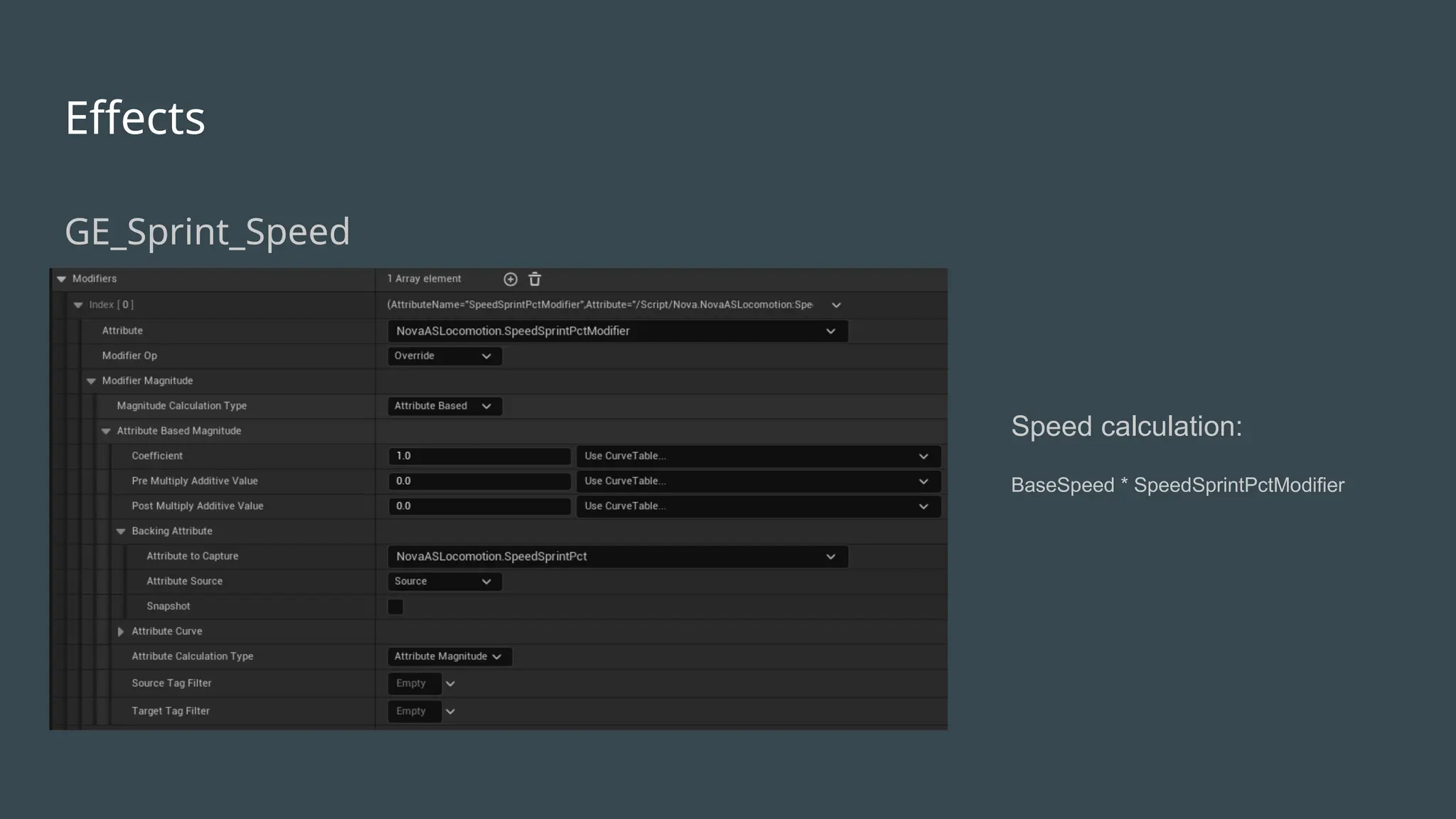 Effects
GE_Sprint_Speed
Speed calculation:
BaseSpeed * SpeedSprintPctModifier
 