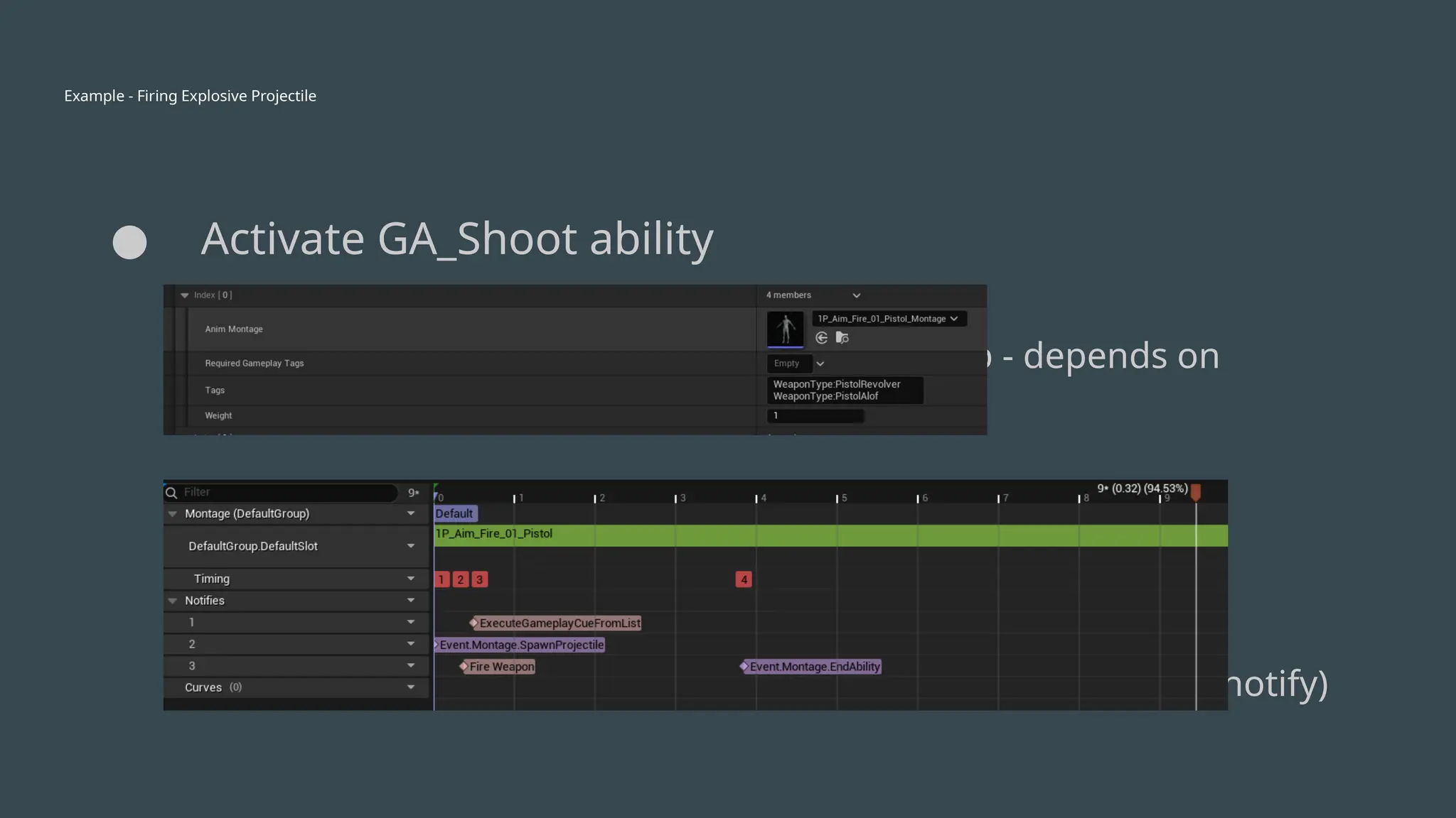 Example - Firing Explosive Projectile
● Activate GA_Shoot ability
○ Set up target info
○ Play fire montage (based on tag lookup - depends on
attachment supplied-tags)
○ Wait for “spawn projectile” gameplay event (via anim notify)
 