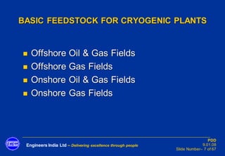 Engineers India Ltd – Delivering excellence through people
PDD
9.01.08
Slide Number– 7 of 67
BASIC FEEDSTOCK FOR CRYOGENIC PLANTS
◼ Offshore Oil & Gas Fields
◼ Offshore Gas Fields
◼ Onshore Oil & Gas Fields
◼ Onshore Gas Fields
 