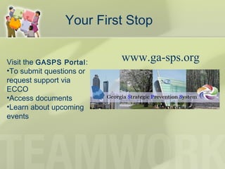 Your First Stop
www.ga-sps.orgVisit the GASPS Portal:
•To submit questions or
request support via
ECCO
•Access documents
•Learn about upcoming
events
 