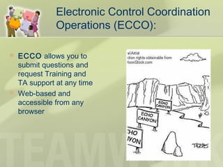 Electronic Control Coordination
Operations (ECCO):
 ECCO allows you to
submit questions and
request Training and
TA support at any time
 Web-based and
accessible from any
browser
 
