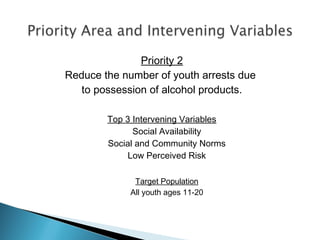 Priority 2
Reduce the number of youth arrests due
to possession of alcohol products.
Top 3 Intervening Variables
Social Availability
Social and Community Norms
Low Perceived Risk
Target Population
All youth ages 11-20
 
